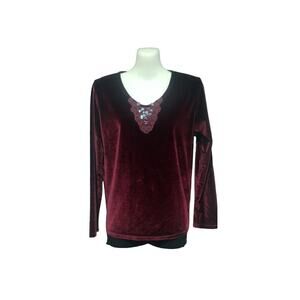 Nature Art by Lynn Yang Long Sleeve Velvet Top with Appliques, Burgundy, Sz SP